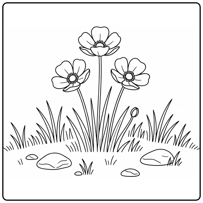 Boterbloem kleurplaat met bloemen gras en stenen