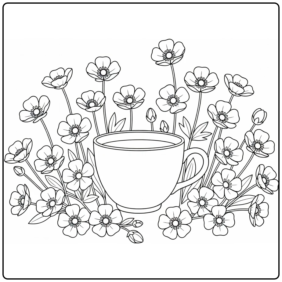boterbloem kleurplaat theekopje met bloemen