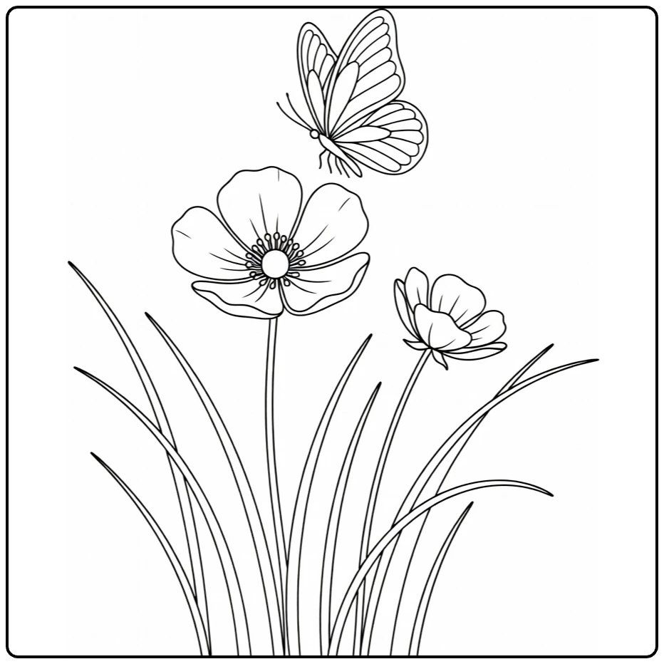 boterbloem kleurplaat met vlinder en bloemen om in te kleuren