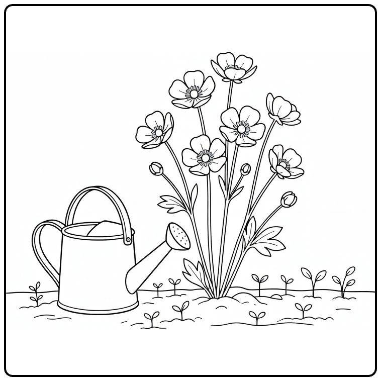 Boterbloem kleurplaat met gieter en bloemen om in te kleuren