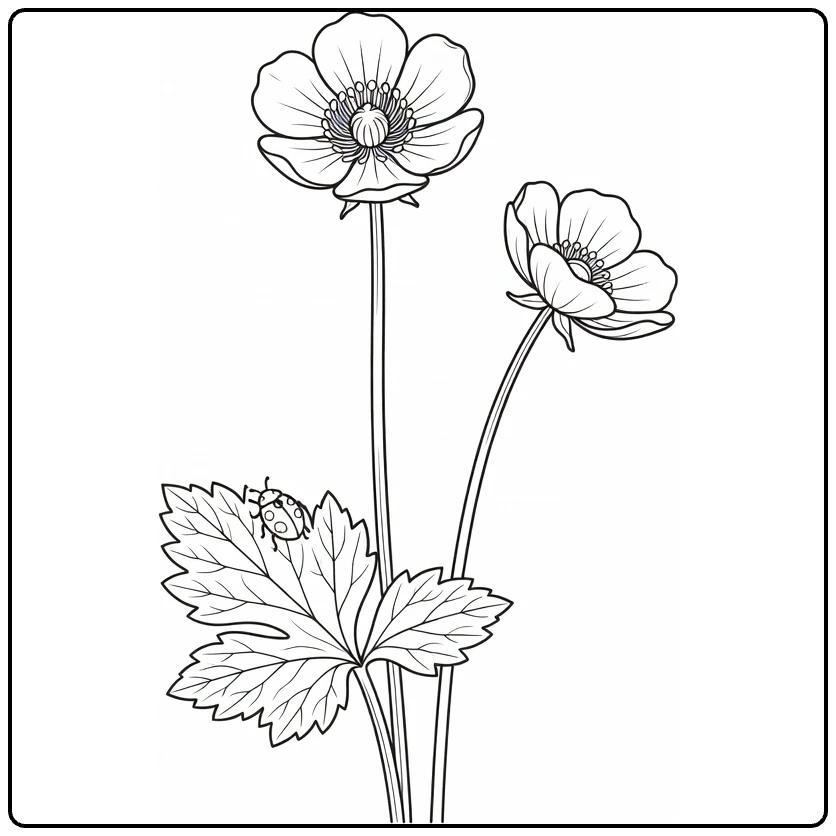 Boterbloem kleurplaat met bloemen en lieveheersbeestje