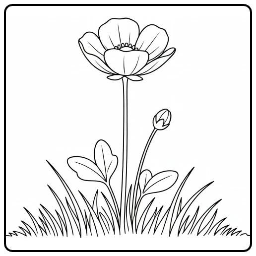 Boterbloem kleurplaat met bloem, knop en gras om in te kleuren