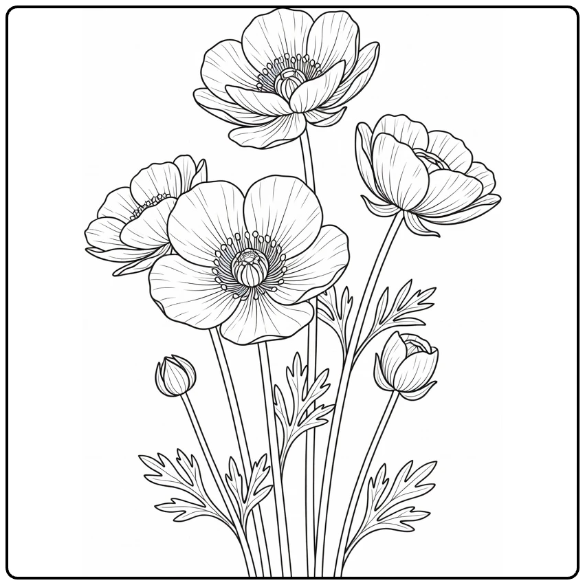 Boterbloem kleurplaat met bloemen en bladeren om te kleuren
