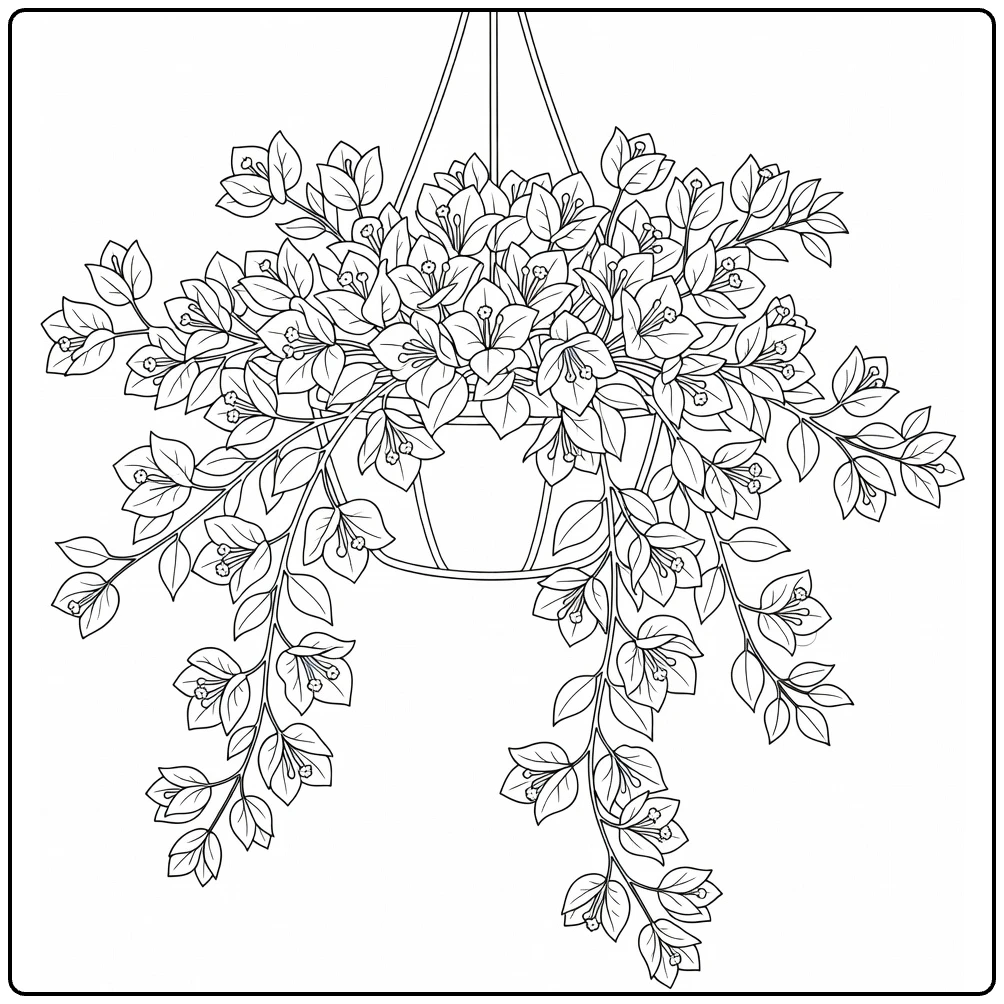 Bougainvillea kleurplaat met hangmand vol bloemen