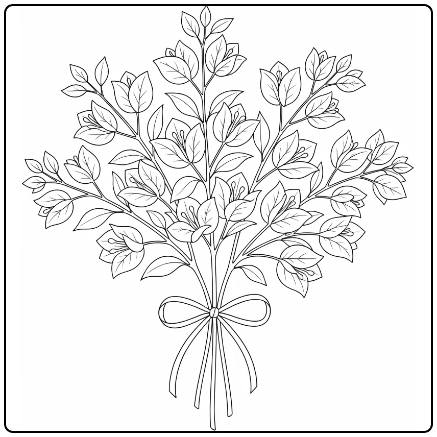 Bougainvillea kleurplaat van boeket met lint en bladeren
