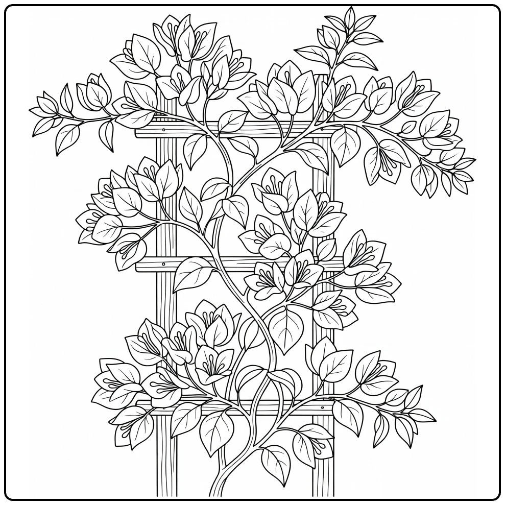 bougainvillea kleurplaat met rank om houten trellis