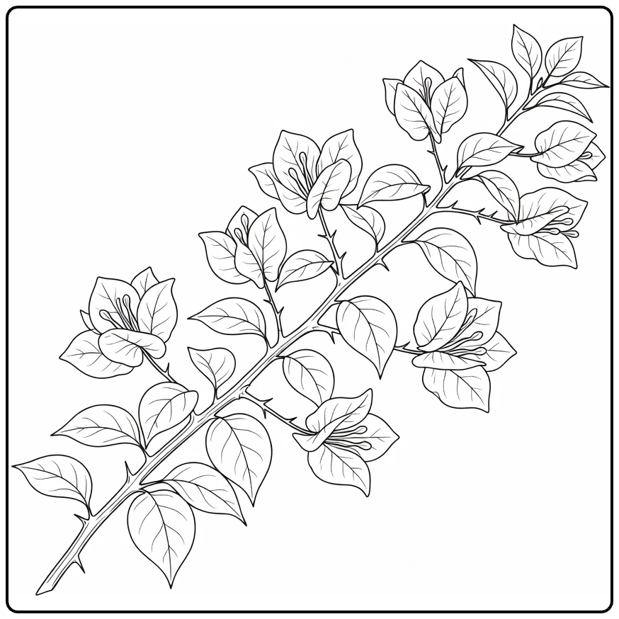 bougainvillea kleurplaat met diagonale tak en bladeren