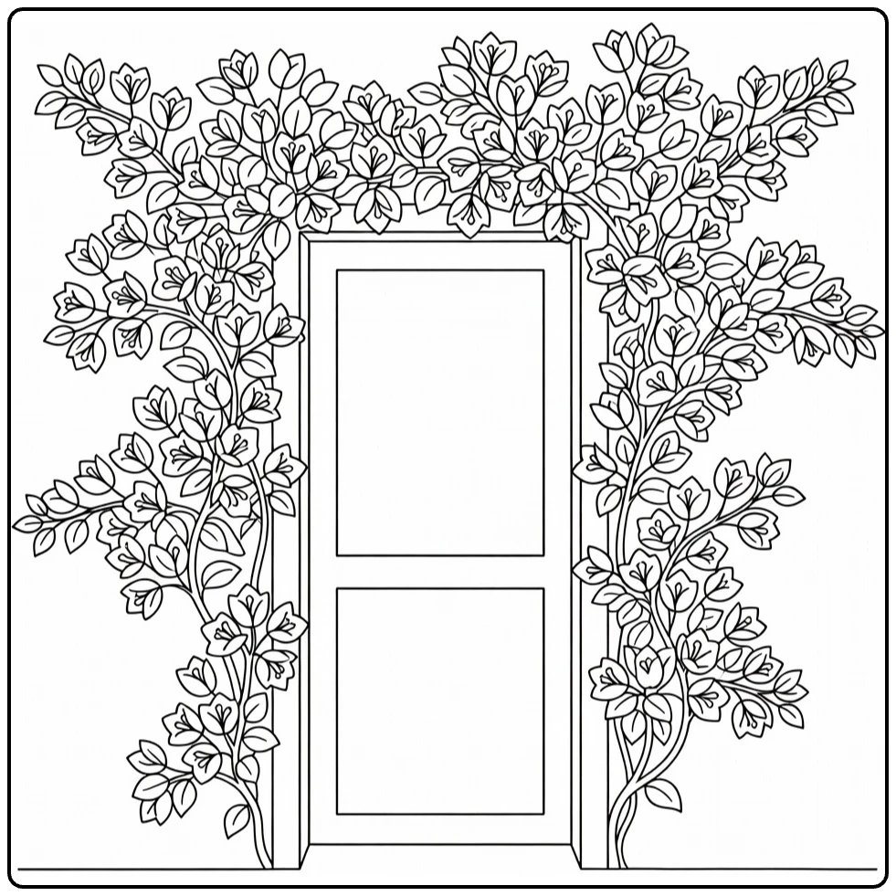 bougainvillea kleurplaat met bloeiende ranken rond deuropening