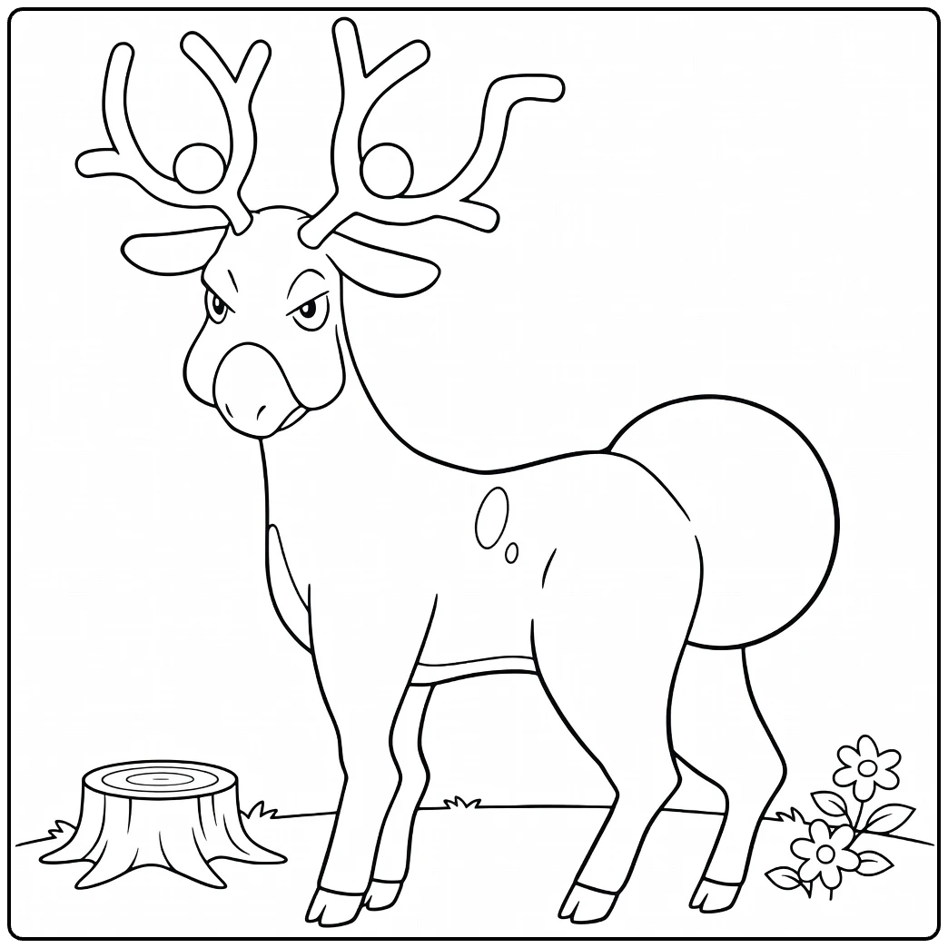Stantler kleurplaat met gewei boomstronk bloemen