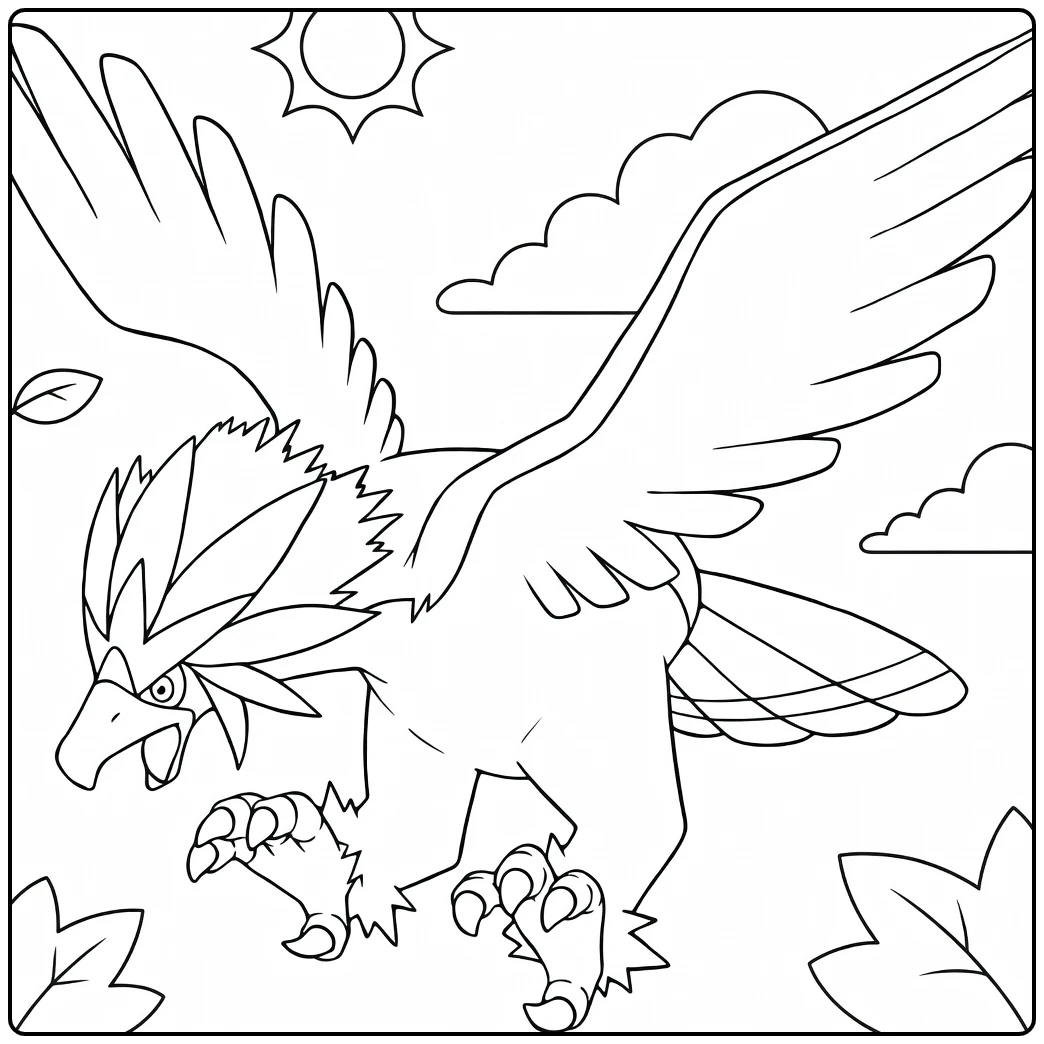 Braviary Kleurplaat: felle adelaar Pokémon in vlucht met zon
