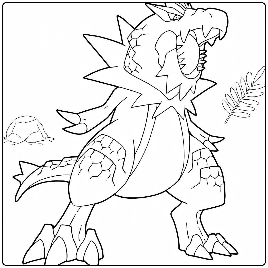 Tyrantrum kleurplaat: brullende rotsige dinosaurus Pokémon