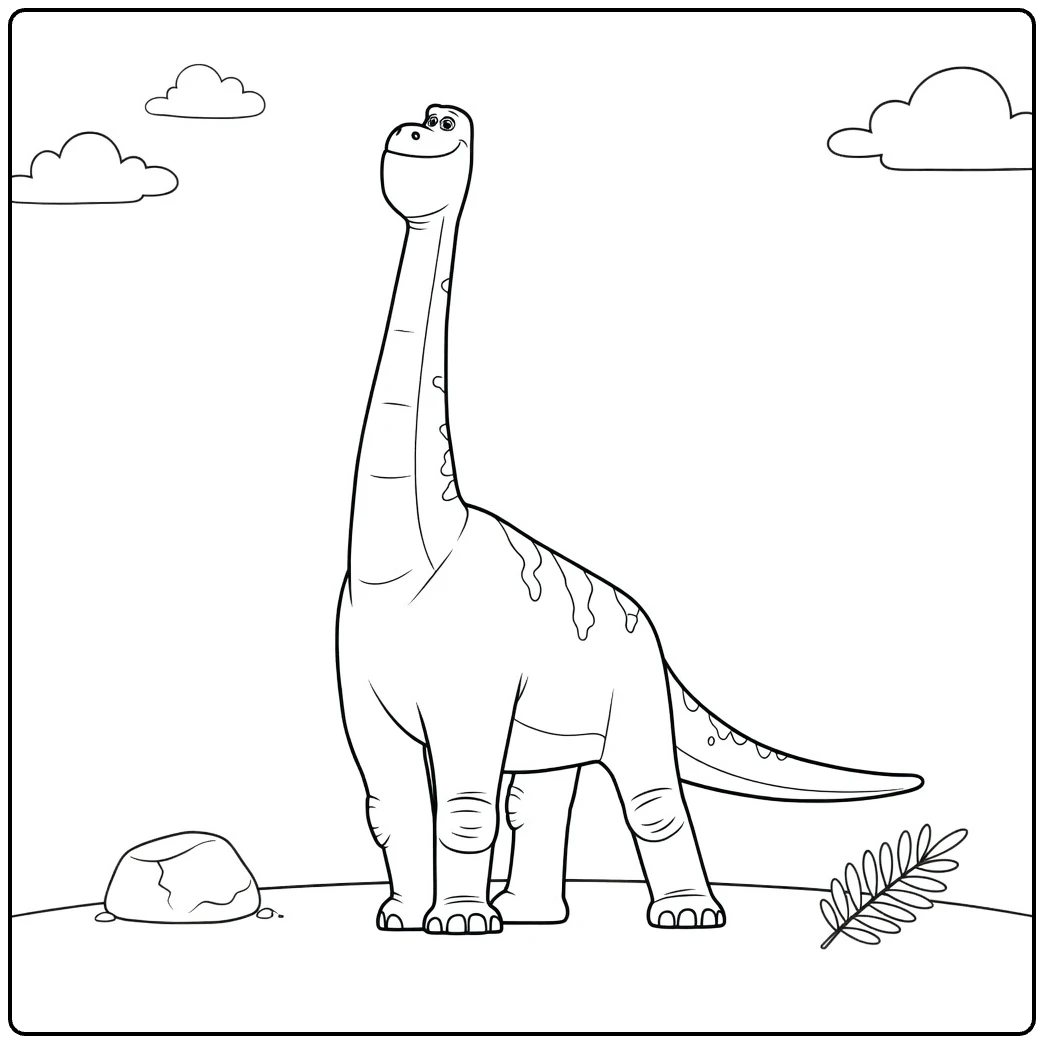 Buck Kleurplaat dinosaurus met lange nek en wolken