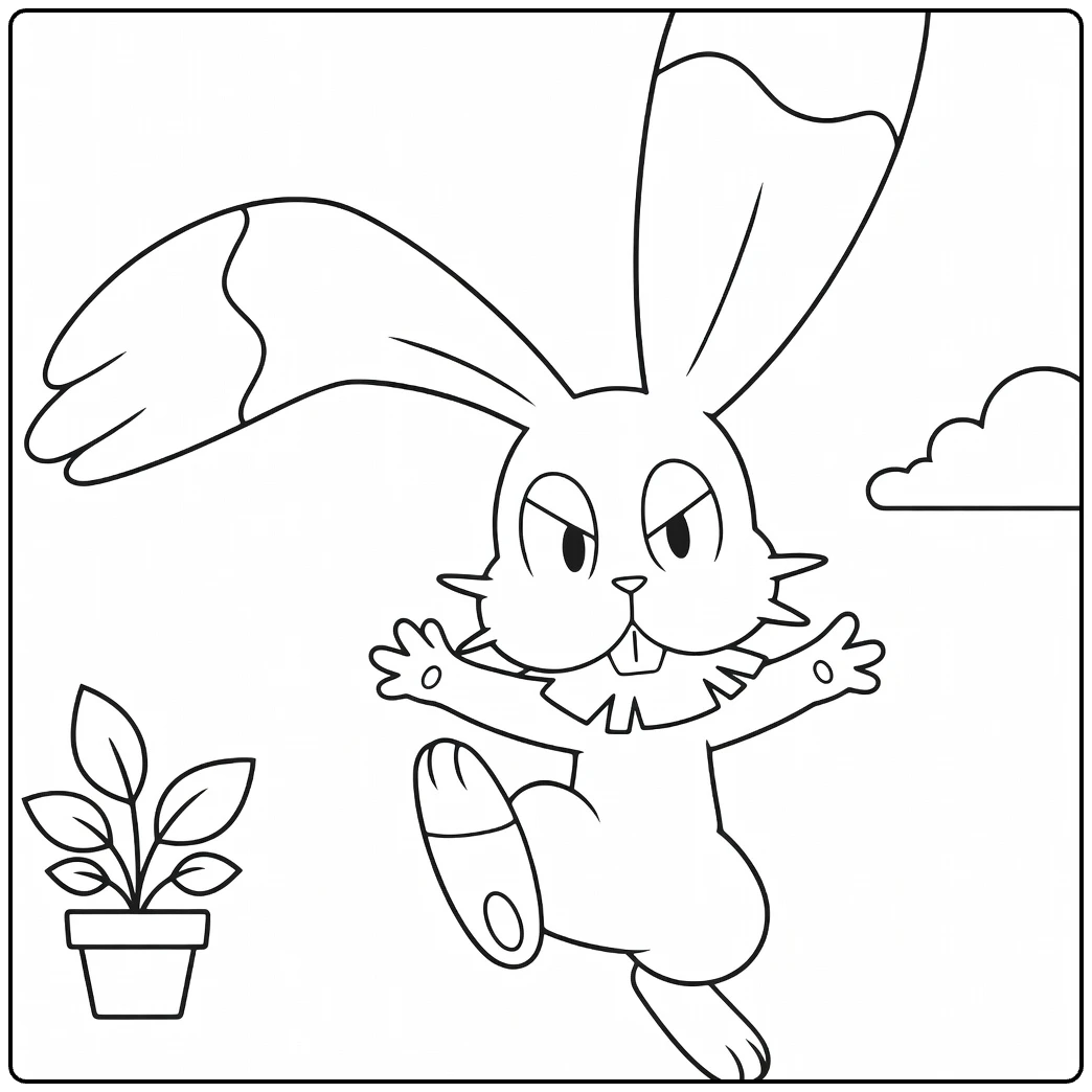 Bunnelby Kleurplaat springend boze konijn Pokémon met bloempot