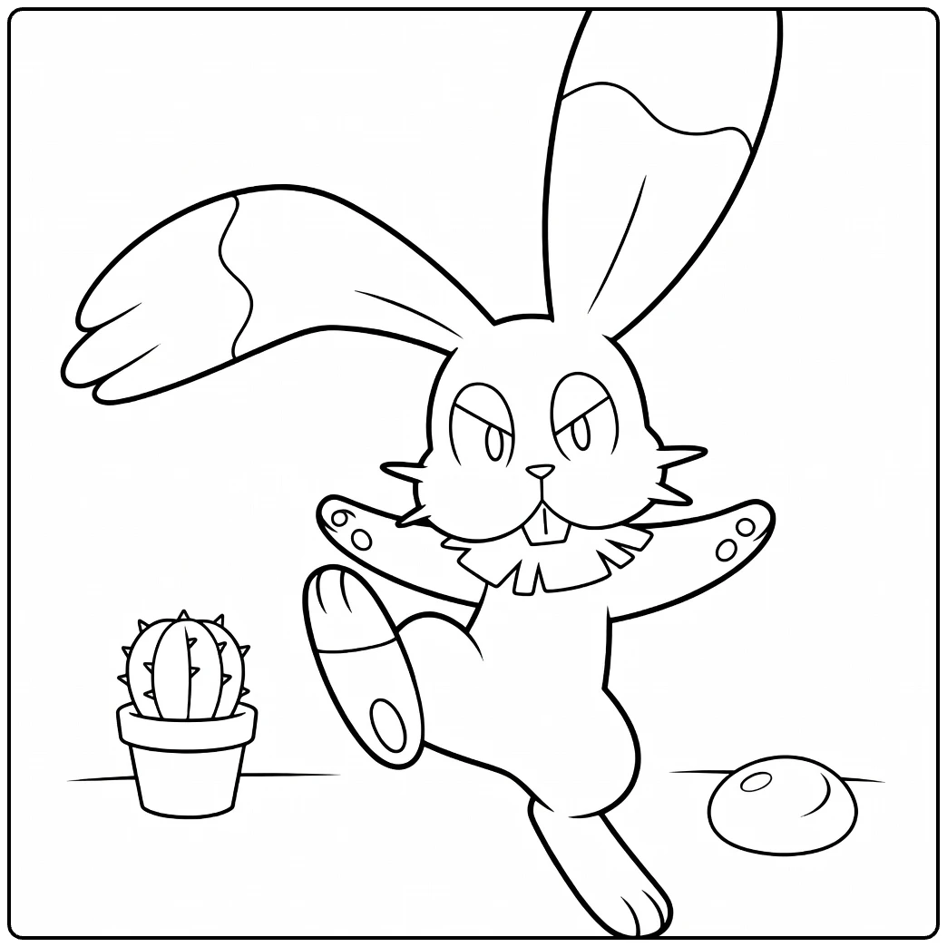 Bunnelby kleurplaat: boze Pokémon schopt ei bij cactus