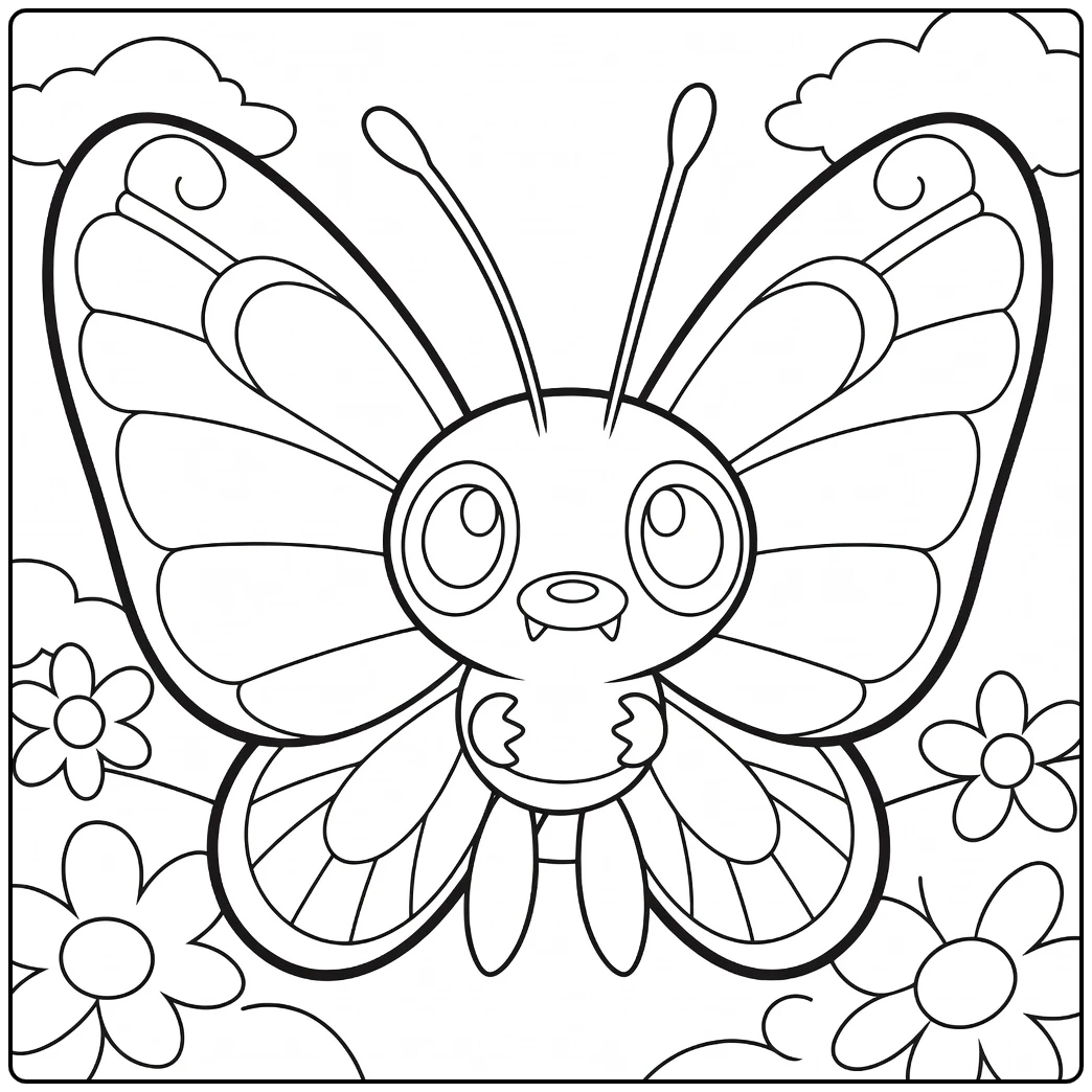 Butterfree Kleurplaat: Pokémon vlinder met bloemen