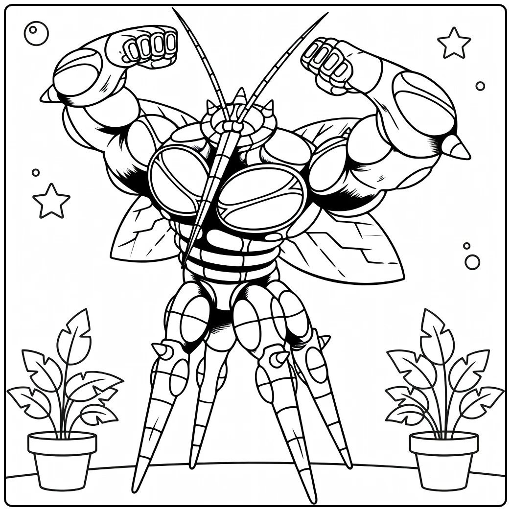 Buzzwole Kleurplaat: gespierde Pokémon in flexpose met planten