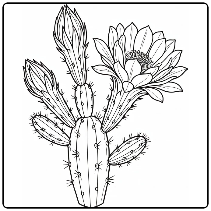 cactus bloem kleurplaat met open bloem en twee knoppen