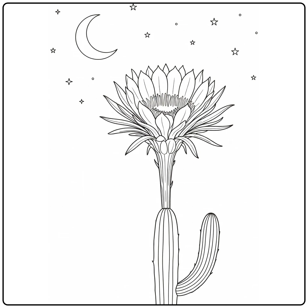 cactus bloem kleurplaat met nachtbloeiende cactus en maan