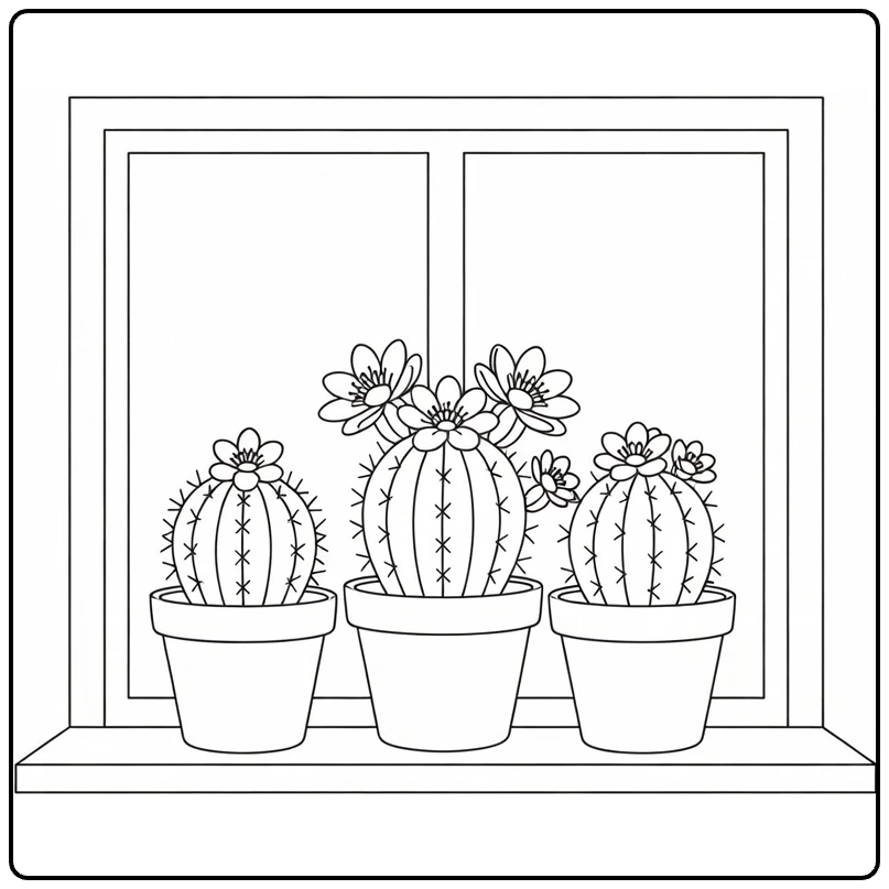 cactus bloem kleurplaat met drie cactussen op vensterbank