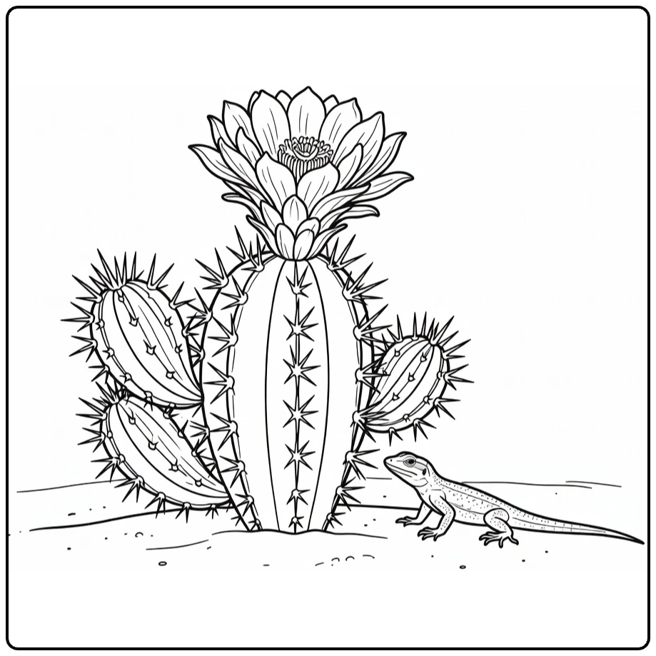 cactus bloem kleurplaat met bloeiende cactus en hagedis