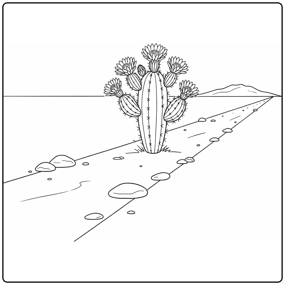 Cactus bloem kleurplaat met bloeiende cactus bij woestijnpad
