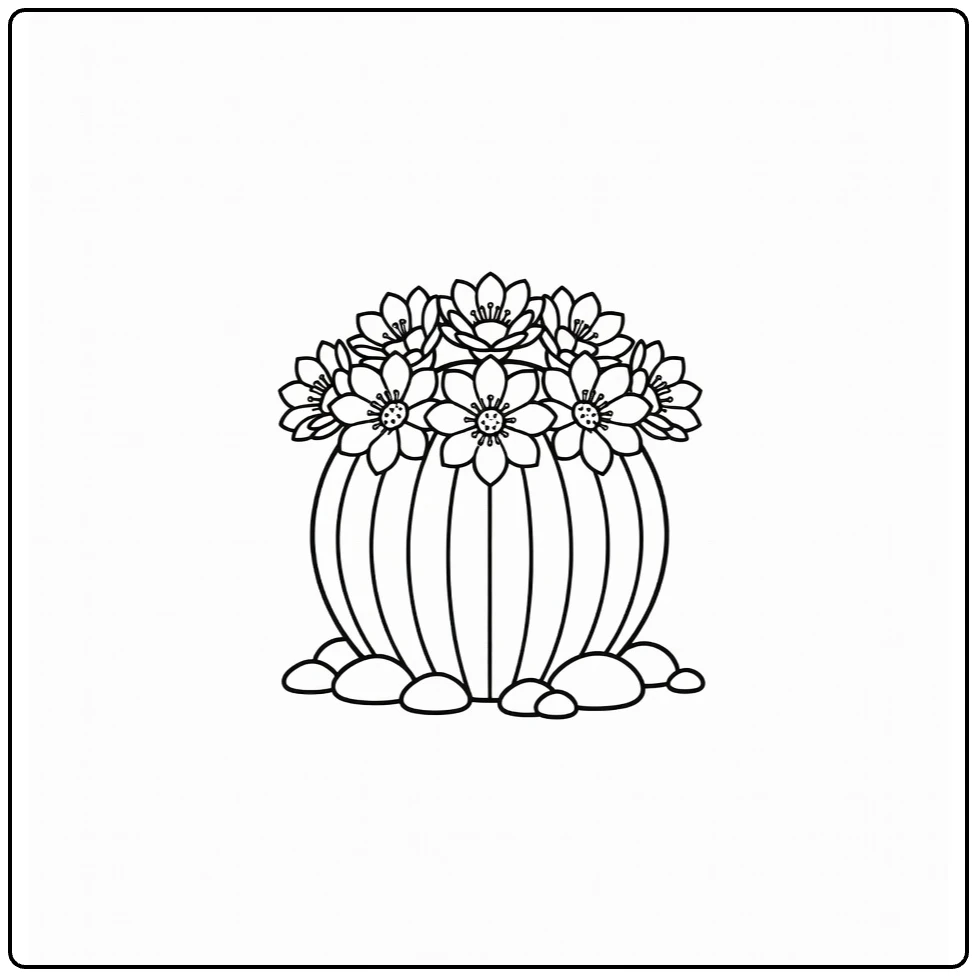 cactus bloem kleurplaat met ronde toncactus en bloemen