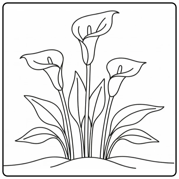 calla lelie kleurplaat met drie lelies in bloembed