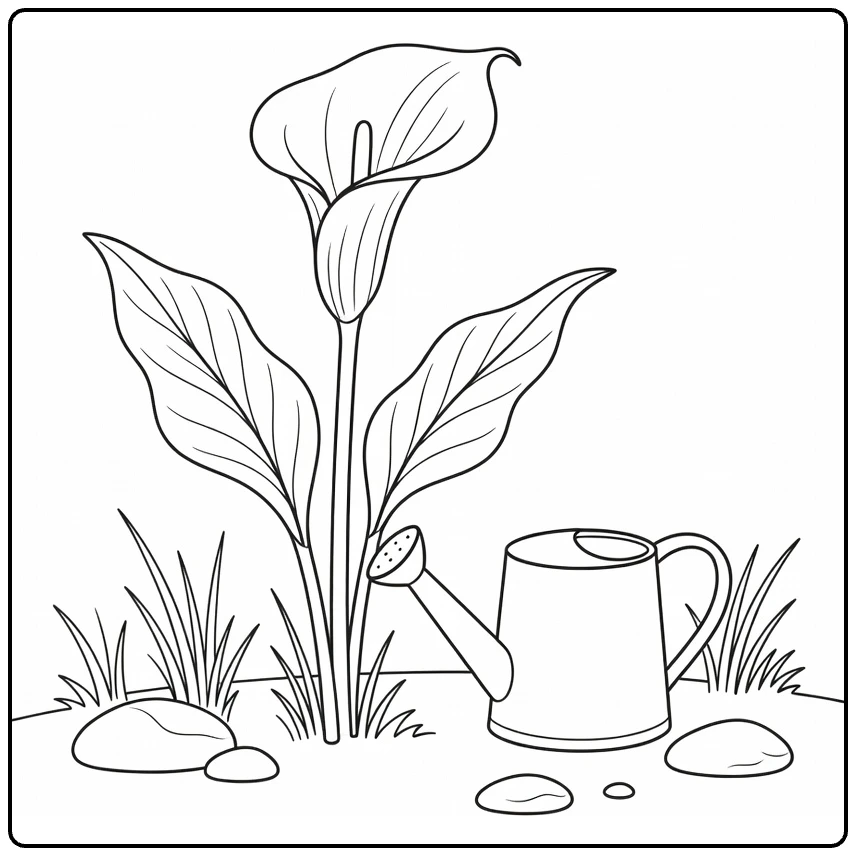 calla lelie kleurplaat met gieter in rustige tuin