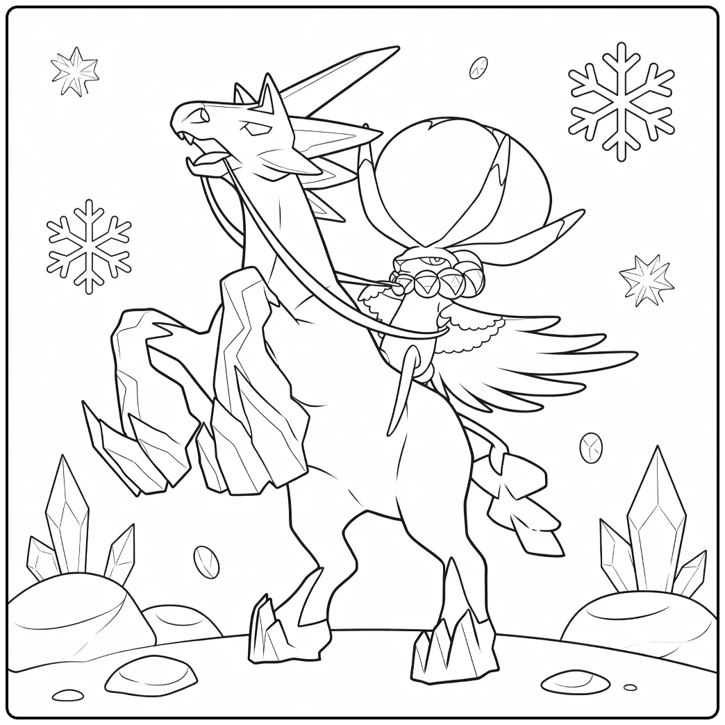 Calyrex Ice Rider kleurplaat met ijs-paard en sneeuw