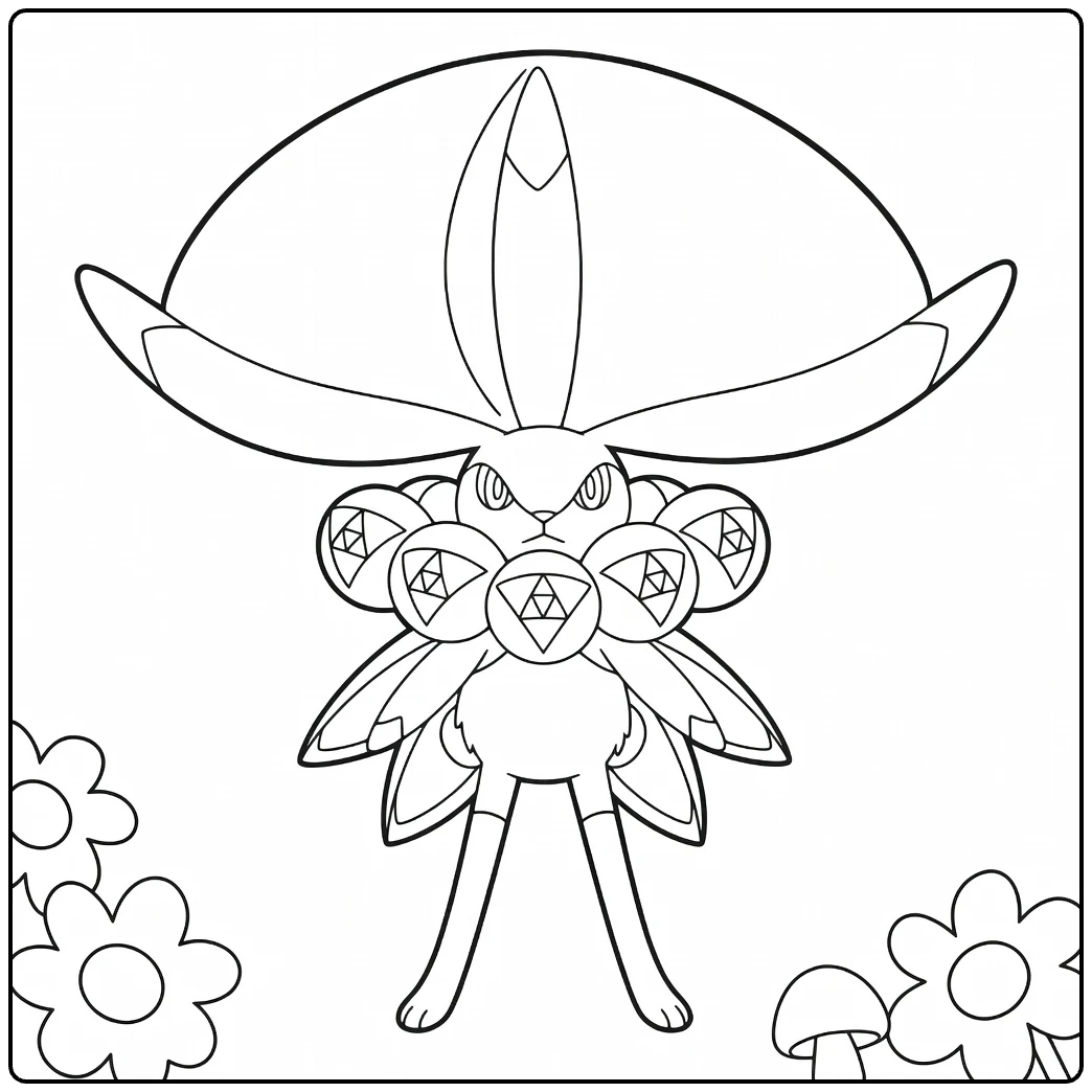 Calyrex Kleurplaat: boze Pokémon met kroon, orbs en bloemen