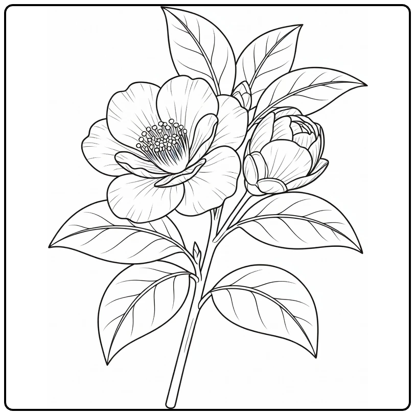 camelia kleurplaat met grote bloem en ovale bladeren