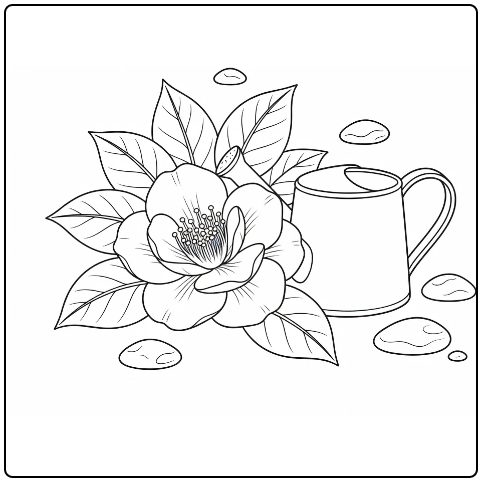 camelia kleurplaat met bloem naast gieter en bladeren