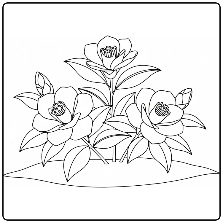 camelia kleurplaat met drie bloemen in een klein tuinbed