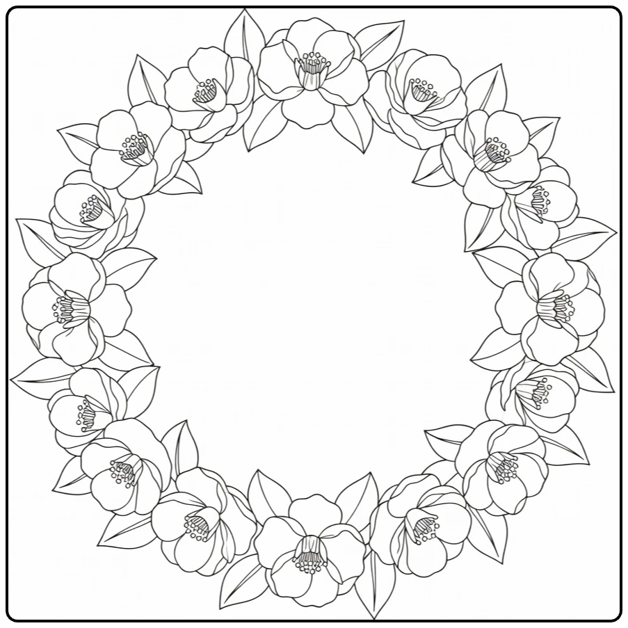 camelia kleurplaat met cirkelvormige bloemenkrans