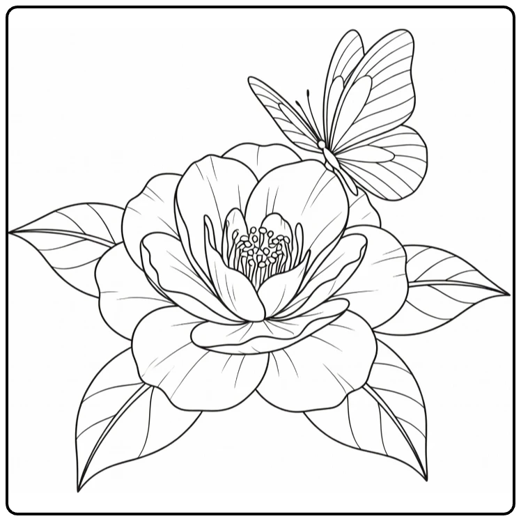 Camelia kleurplaat met vlinder op grote bloem
