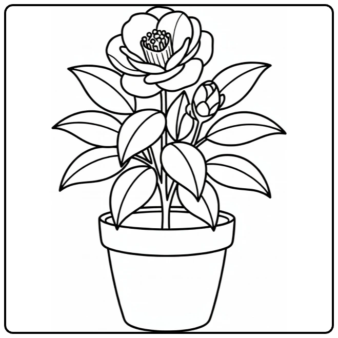 camelia kleurplaat met bloem en knop in pot