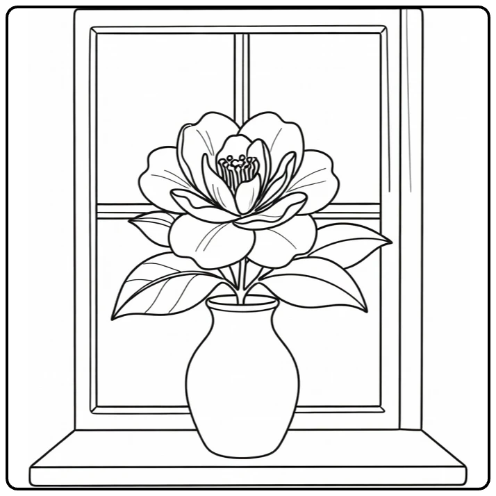 camelia kleurplaat met camellia bloem in vaas op vensterbank