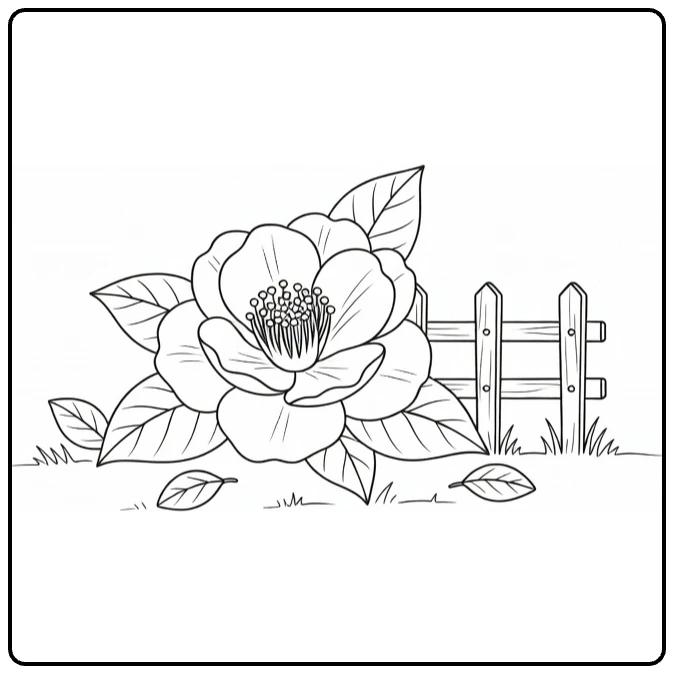camelia kleurplaat met bloem en houten tuinhek