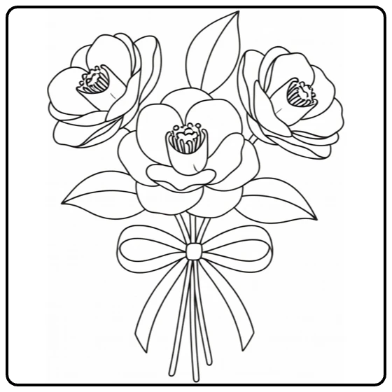 camelia kleurplaat met klein boeket camelia's en lint