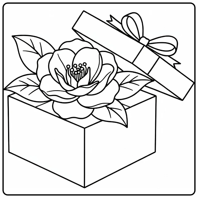camelia kleurplaat met bloem in open geschenkdoos met strik