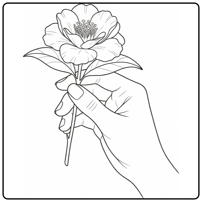 camelia kleurplaat hand met enkele camellia bloem