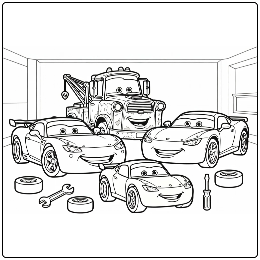 Cars Kleurplaat: garage met Disney raceauto, sleepwagen