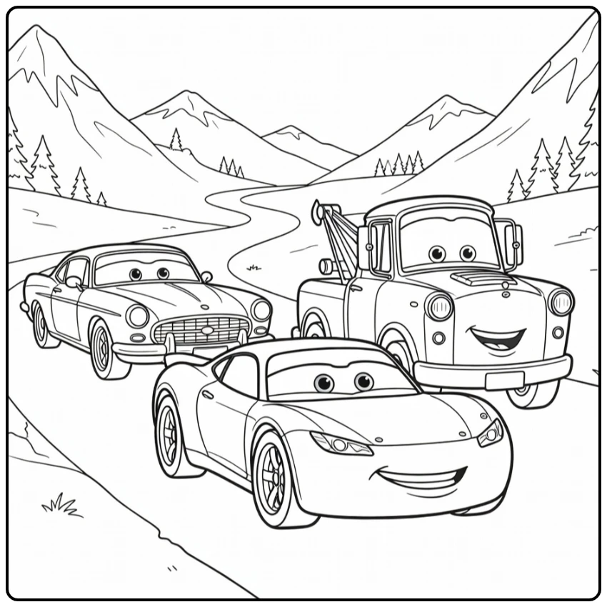 Cars Kleurplaat: auto's roadtrip door bergpas met ogen