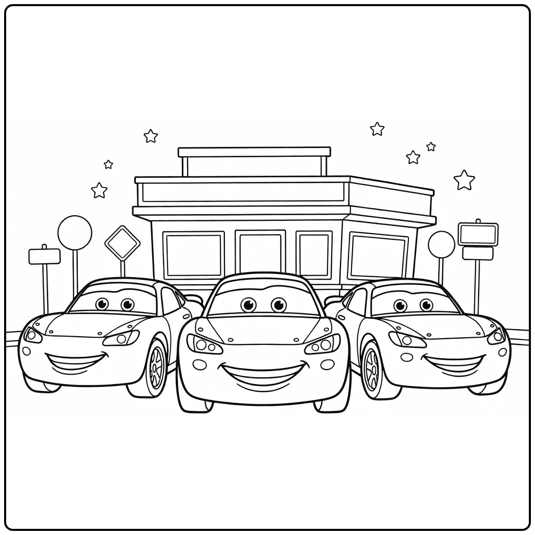 Cars Kleurplaat: vrolijke Disney-auto's bij diner