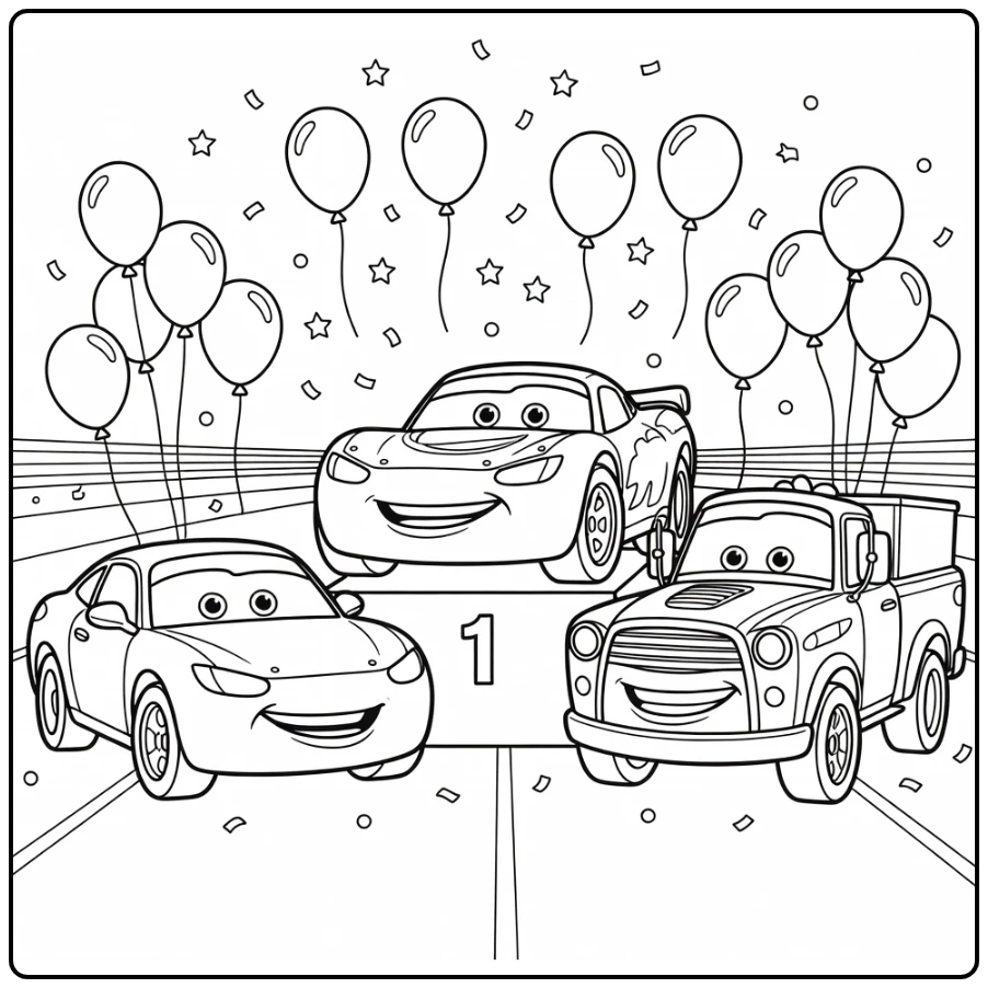 Cars Kleurplaat: feest met raceauto op podium en ballonnen