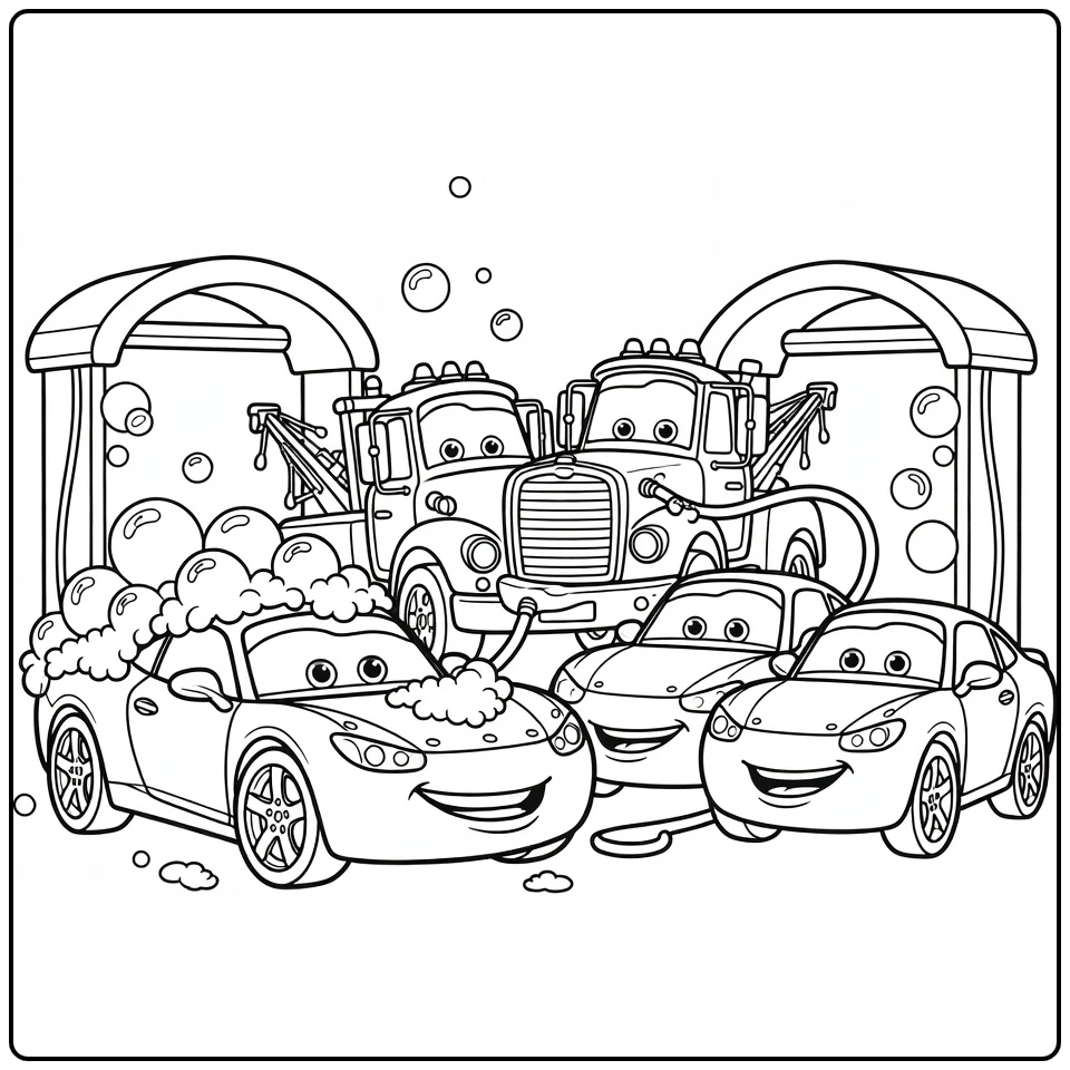 Cars Kleurplaat: Disney auto's wassen met bubbels