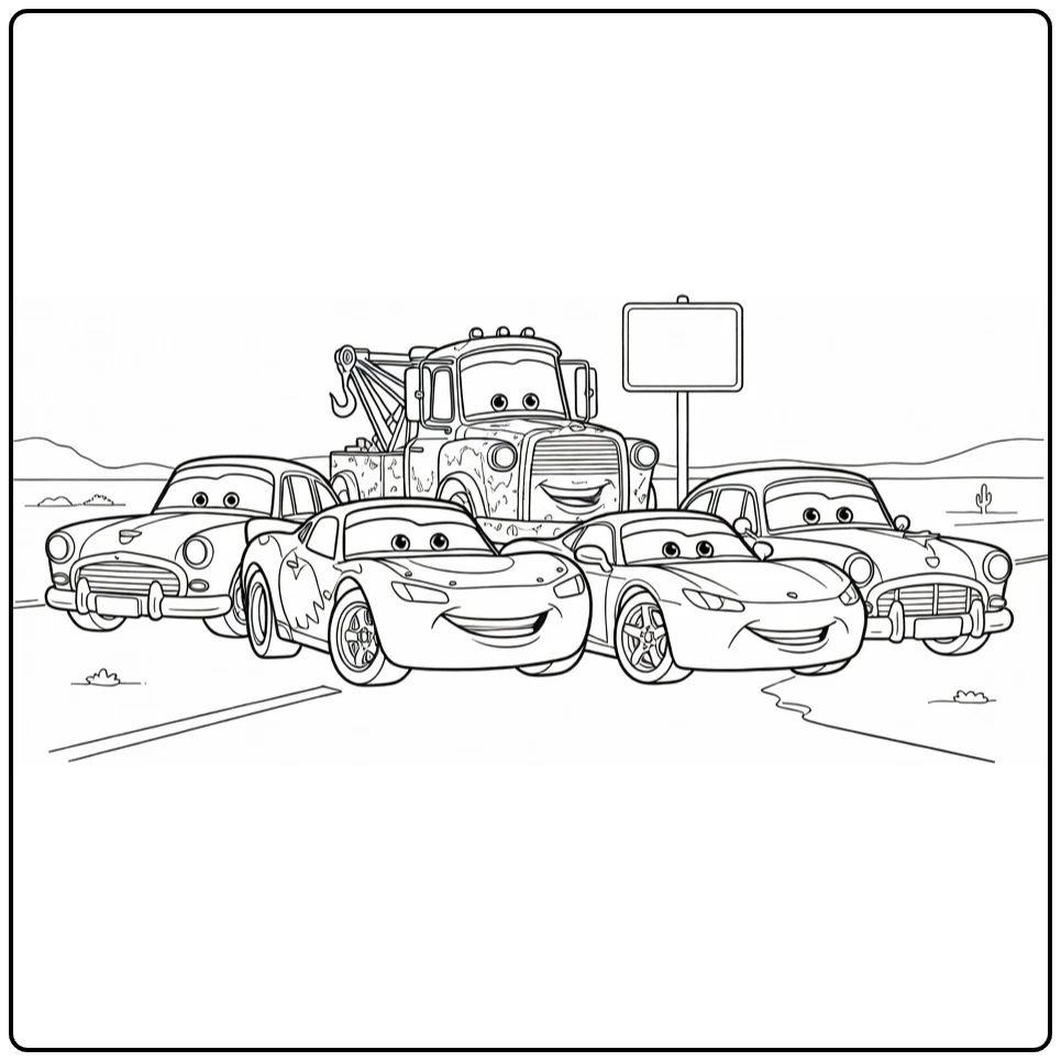 Cars Kleurplaat: Auto's bij Radiator Springs bord