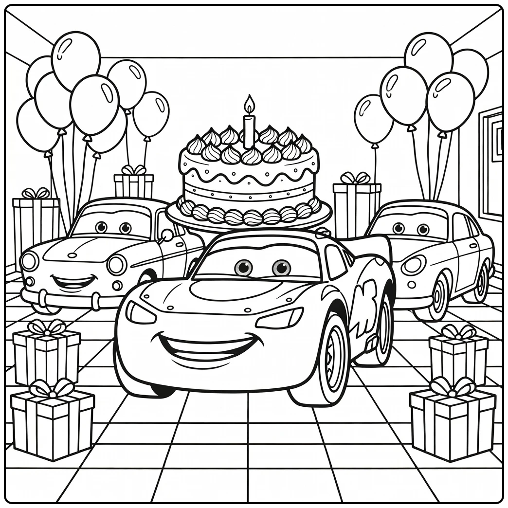 cars verjaardag kleurplaat: raceauto viert feest met taart
