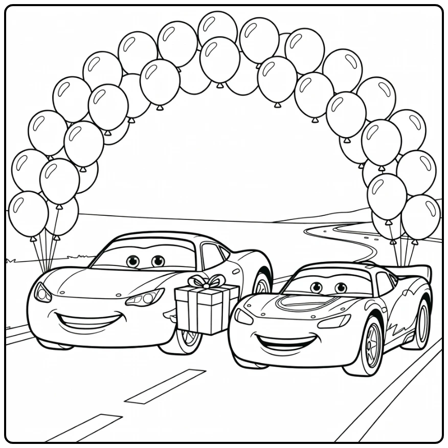 Cars verjaardag kleurplaat: gele sportwagen geeft cadeau aan rode raceauto