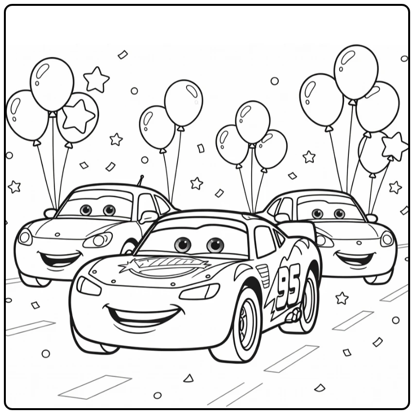 Cars verjaardag kleurplaat: raceauto in parade met ballonnen